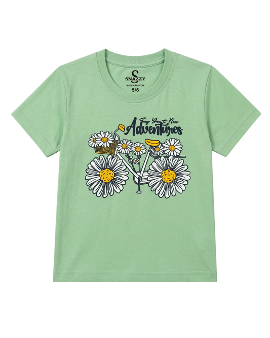 Girls Flowers Bicycle Printed T-Shirt