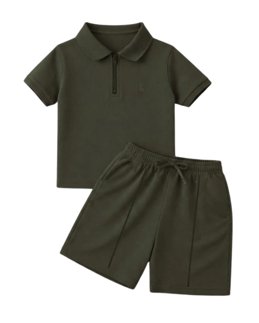 Boys Olive Zipper Polo Short Set