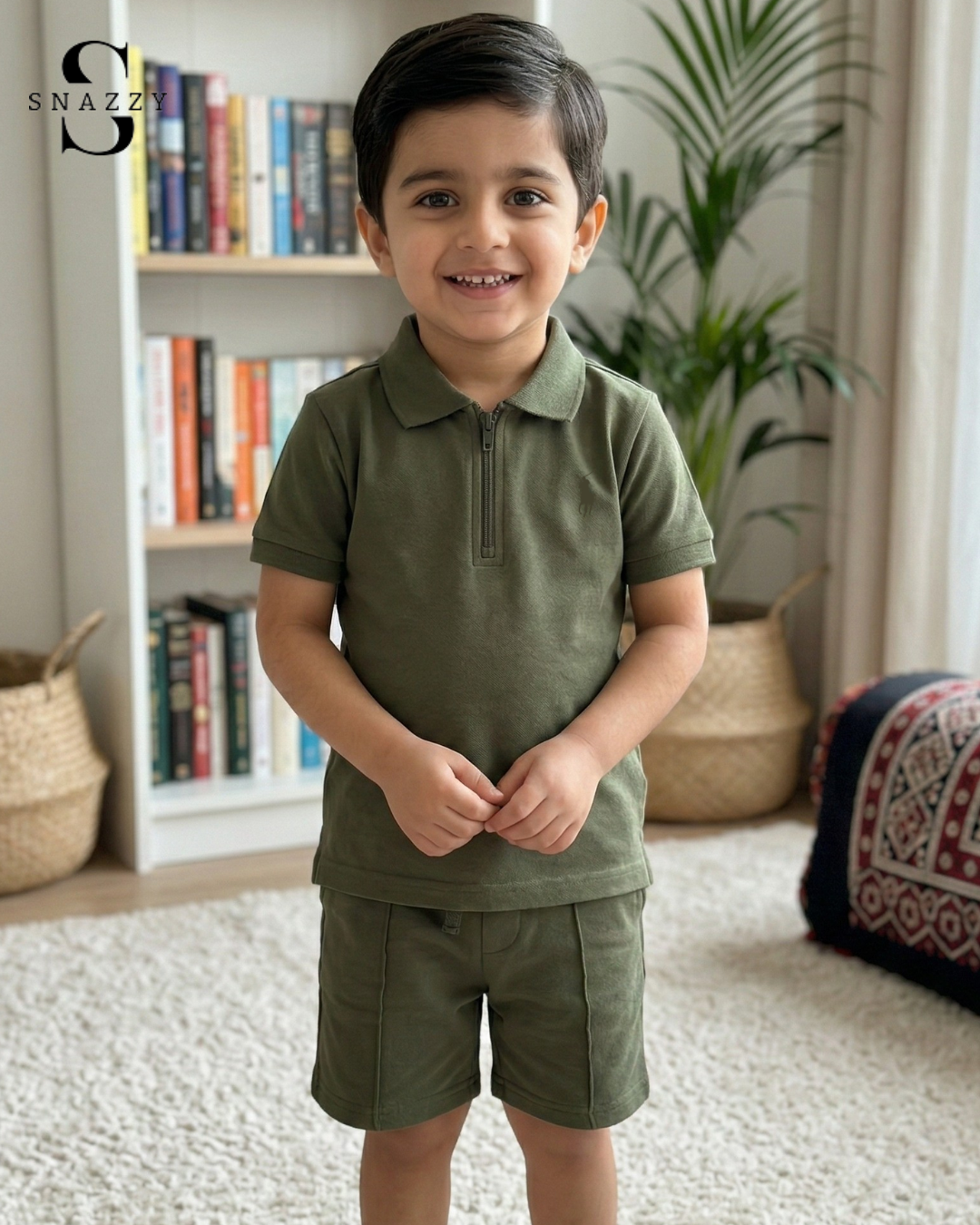 Boys Olive Zipper Polo Short Set