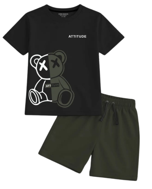 Boys Attitude Bear T Shirt Shorts Set