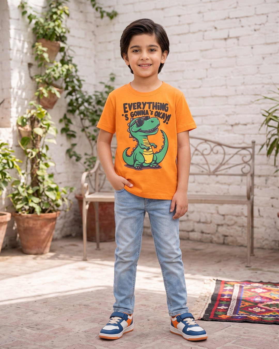 Everything Is Gonna OK Dinosaur Print Orange T-Shirt