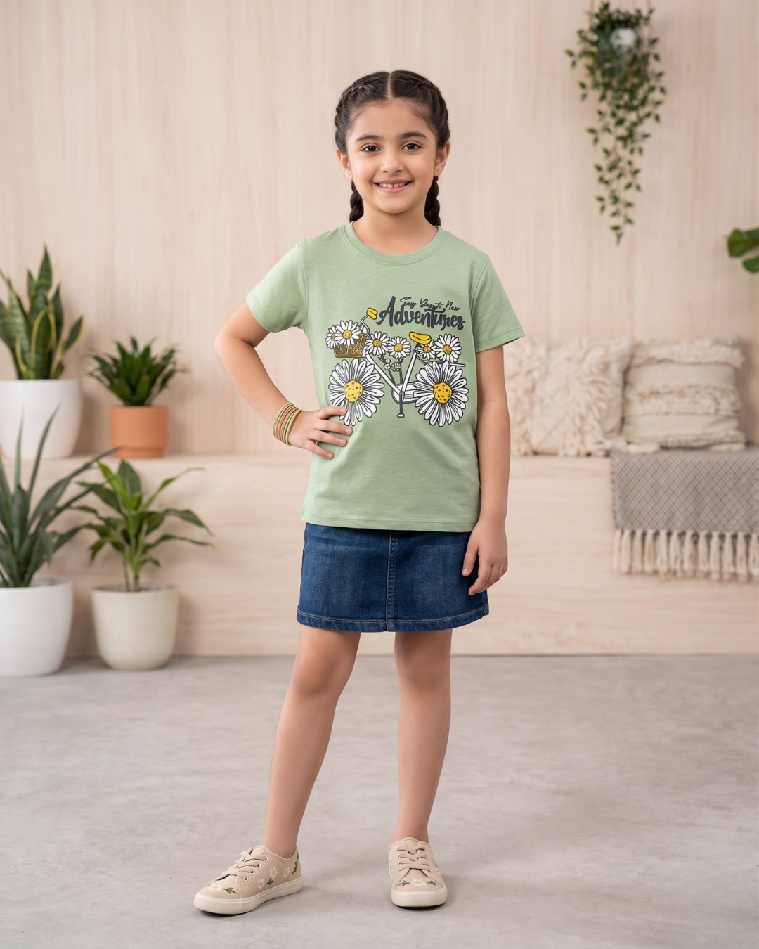 Girls Flowers Bicycle Printed T-Shirt