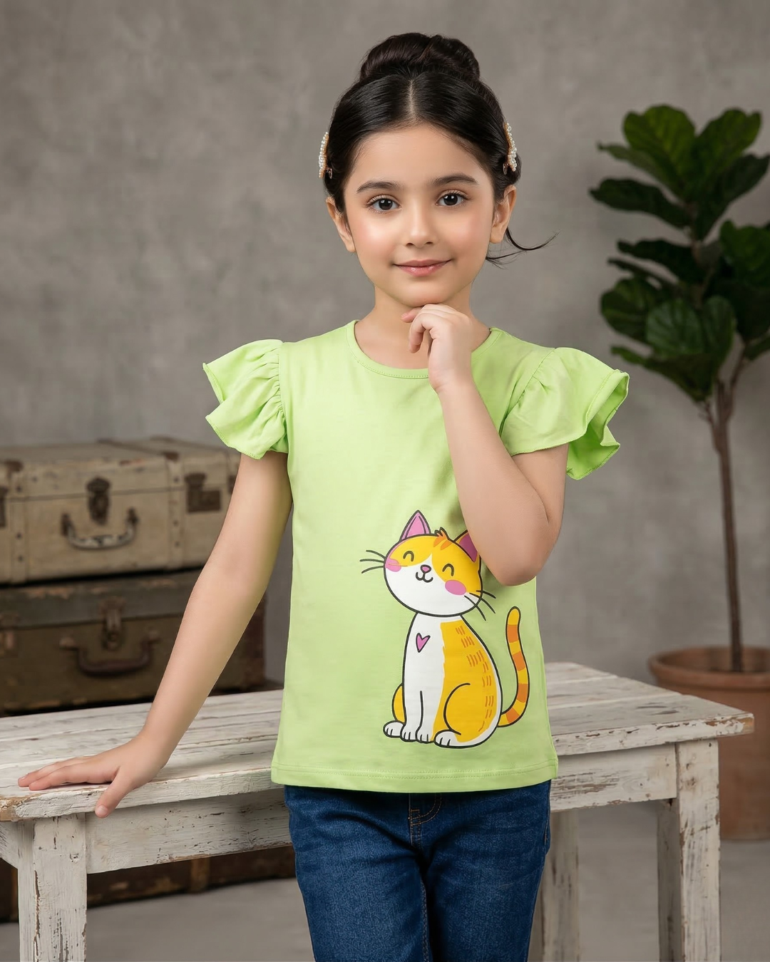 Girls Green Cat T-Shirt