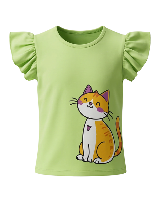 Girls Green Cat T-Shirt