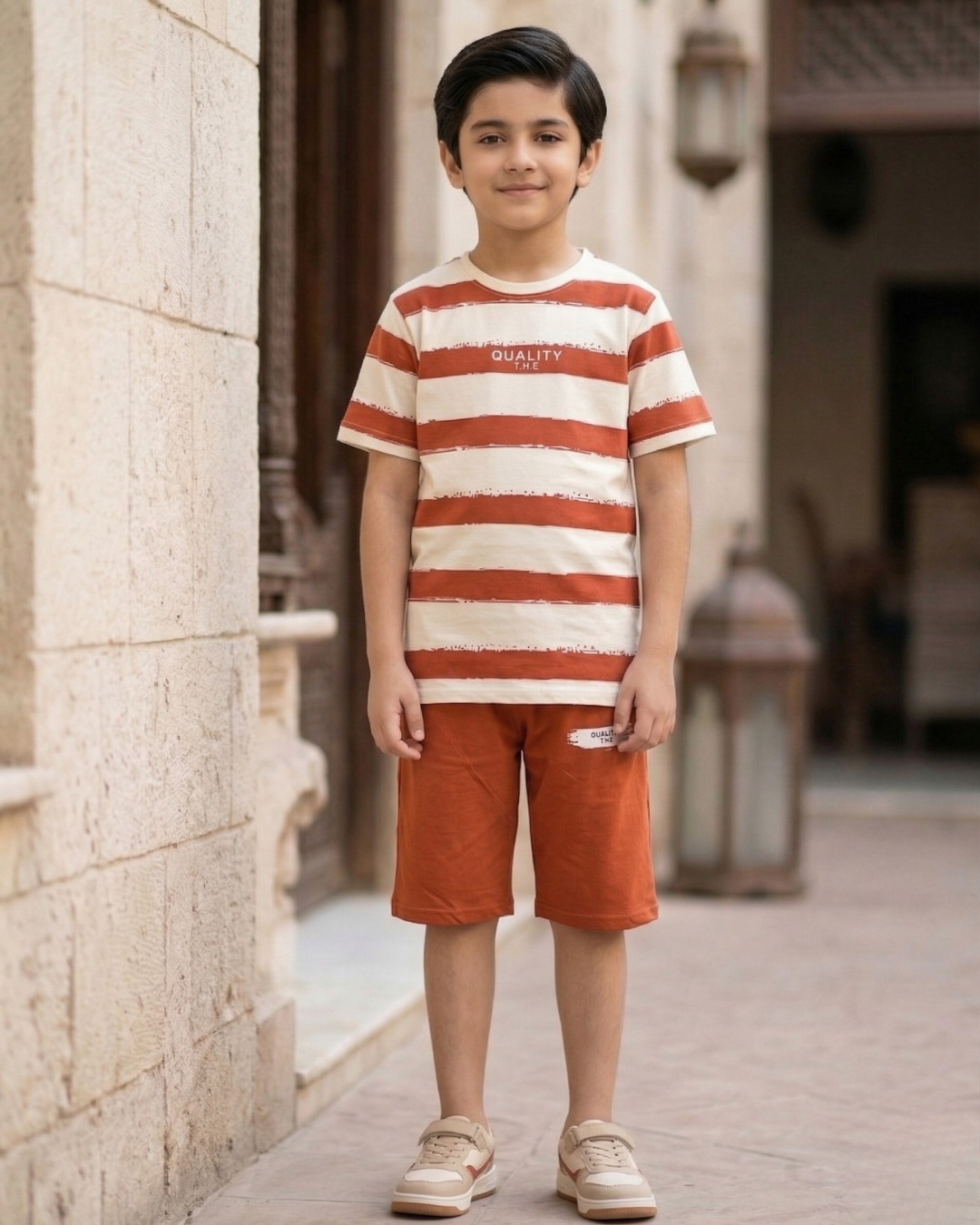 Boys Orange Lining Shirt with Shorts Summer Set